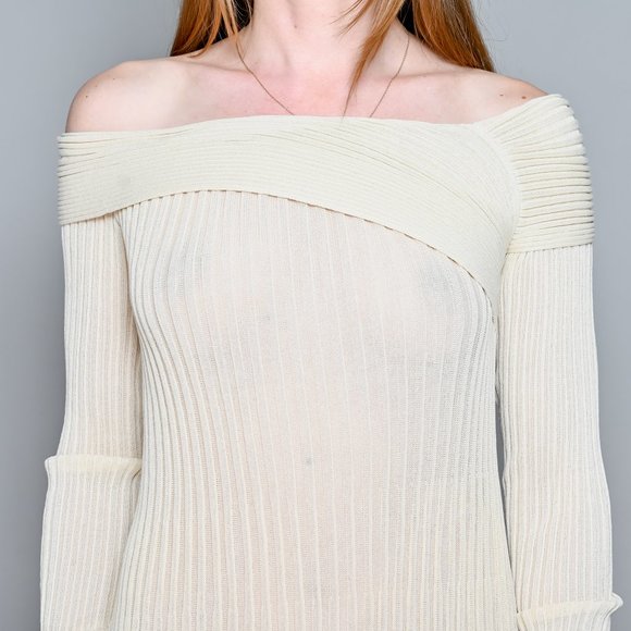 GIA STUDIOS Off-the-Shoulder Ribbed-Knit Midi Dress Cream Sz 38 - Picture 3 of 8